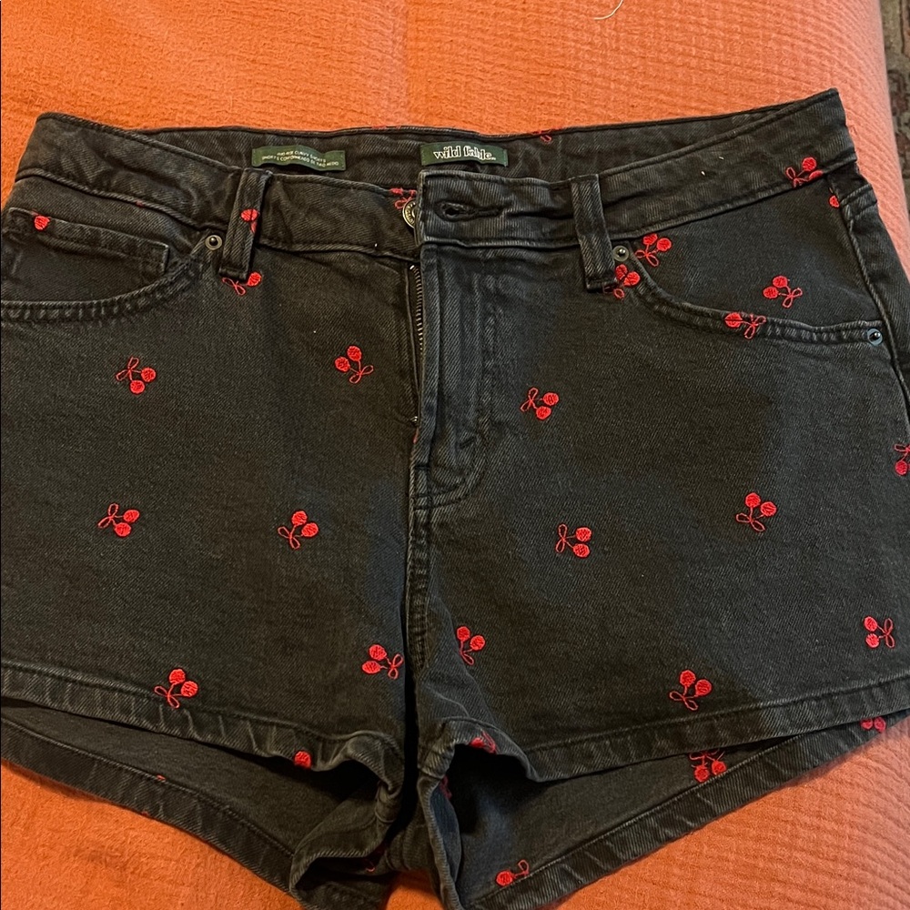 wild fable Black Denim Shorts with Red Cherry Accents